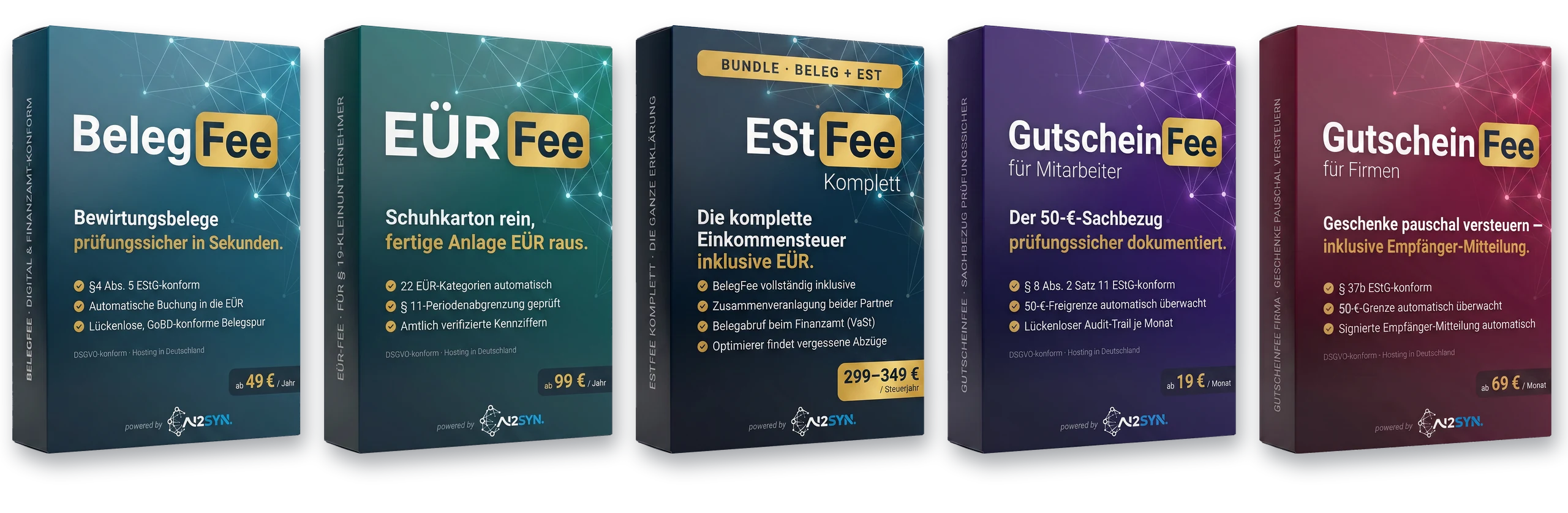 Alle fünf Produkte der Fee-Familie nebeneinander